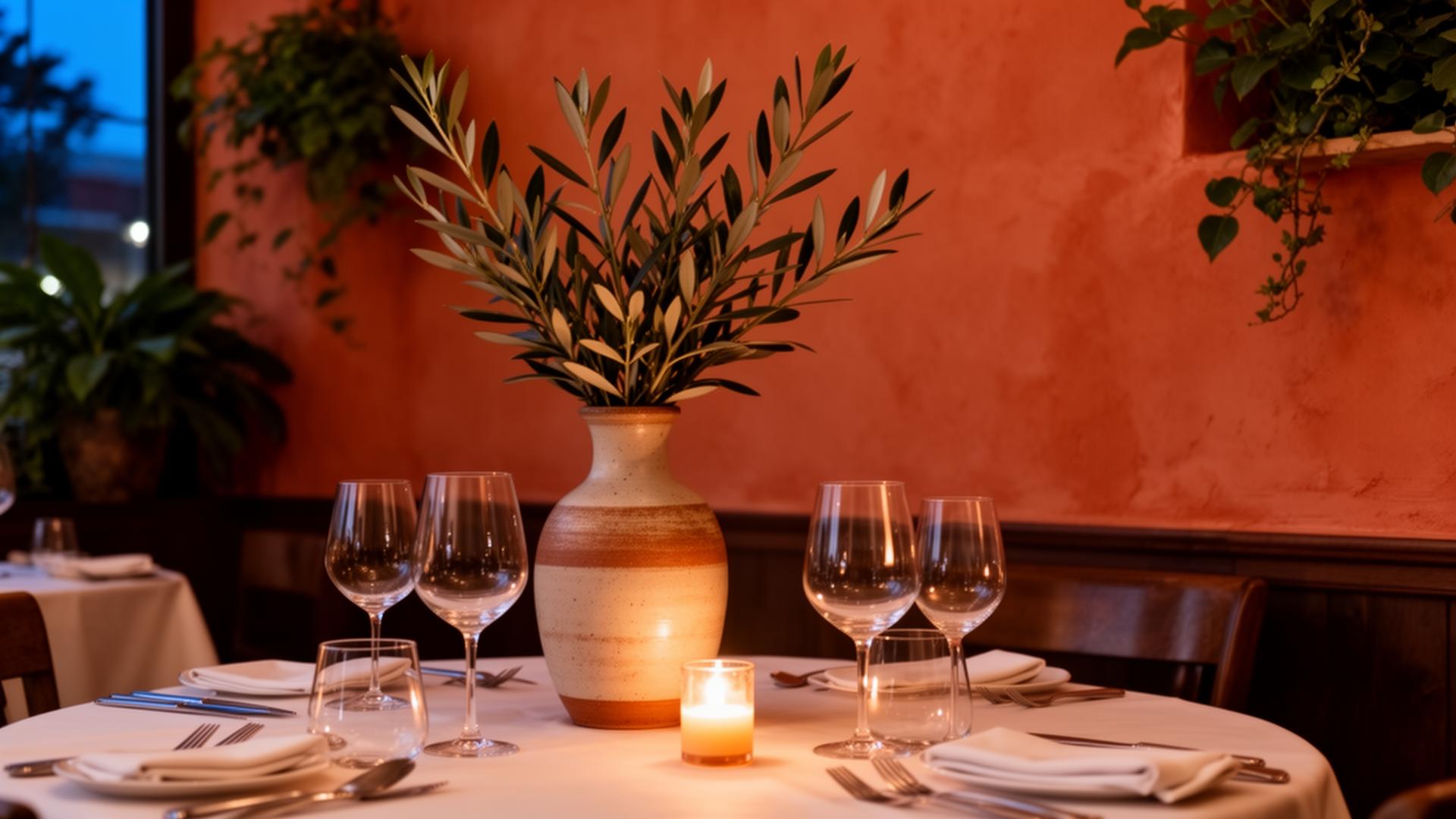 Elegant restaurant table setting at golden hour